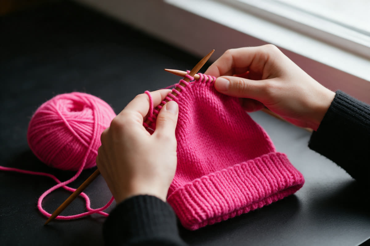 Knitting a pink hat Hands knitting a hot pink wool hat with wooden needles