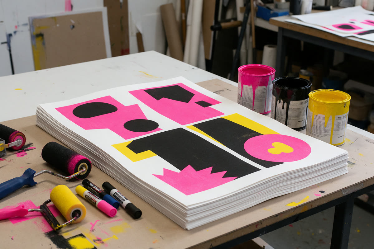 Protest poster workshop Stack of blank screen-printed protest posters with paint rollers and markers